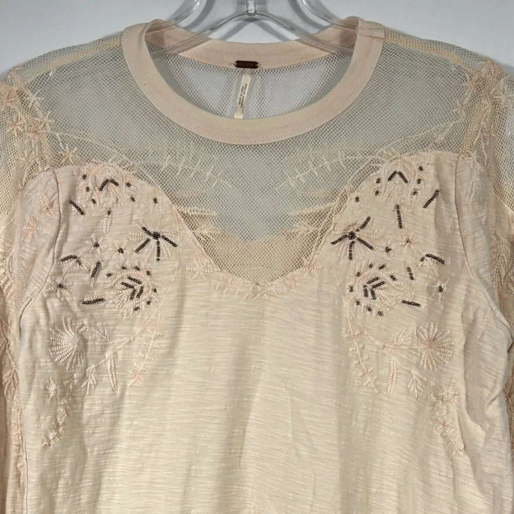Free people Micha Embellished Mesh Beaded Long Sleeve Tee Top Peach Color Size M